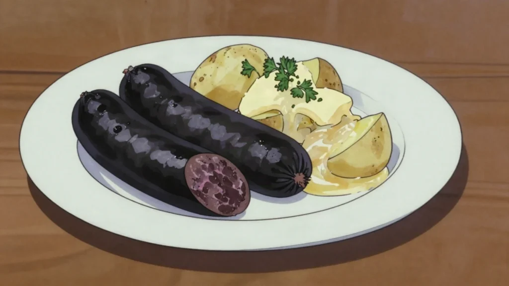 Träipen, black pudding fried, with applesauce and boiled potatoes, Luxembourg main, anime style