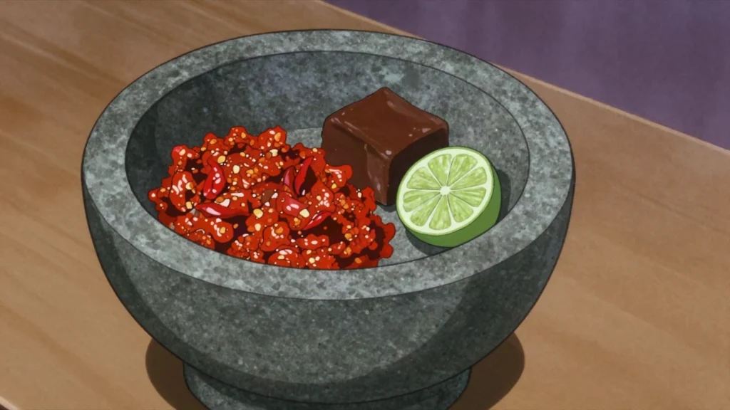 Trassi, pungent dark fermented shrimp paste, pounded into sambals and stews, Suriname fermented & pickled, anime style