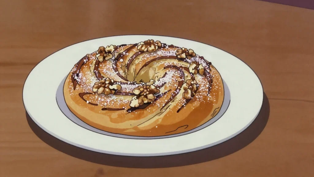 Trdelník, spit-roasted sugar-walnut pastry cylinder from Skalica, Slovakia bread & pastry, anime style