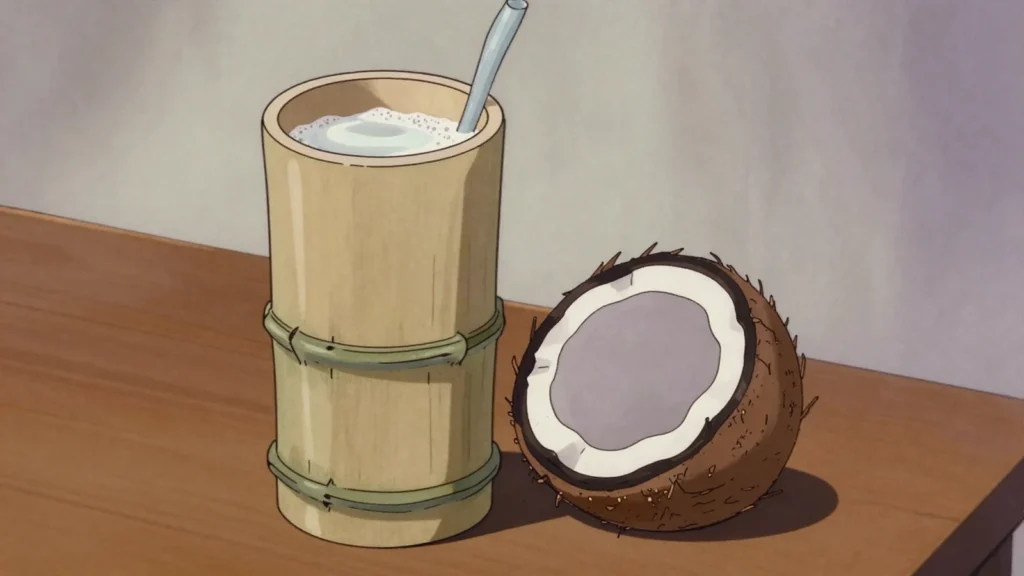 Trembo, coconut palm sap collected and left to ferment into a cloudy wine, Comoros wine & spirit, anime style
