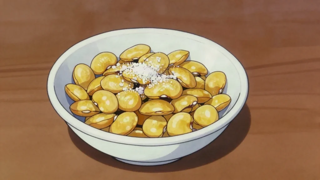 Tremoços, brined lupini beans nibbled with cold beer, Portugal snack, anime style
