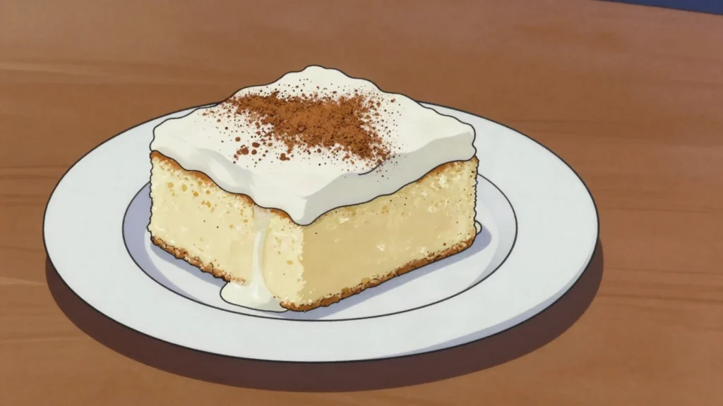 Tres leches cake, sponge soaked in three milks with whipped topping, Nicaragua dessert, anime style