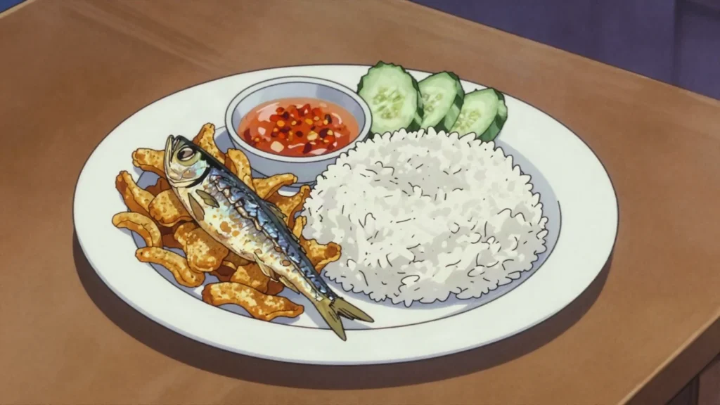 Trey Ngiet, split fish salted and dried on racks, later fried and eaten with rice, Cambodia charcuterie & cured, anime style