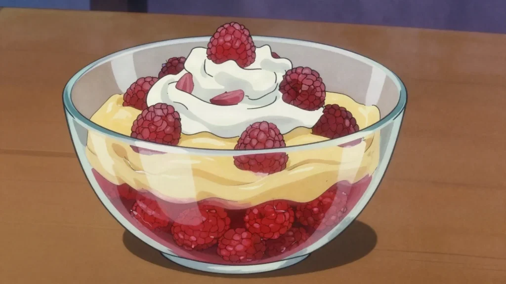 Trifle, layers of sponge, jelly, custard, fruit, and cream, United Kingdom dessert, anime style