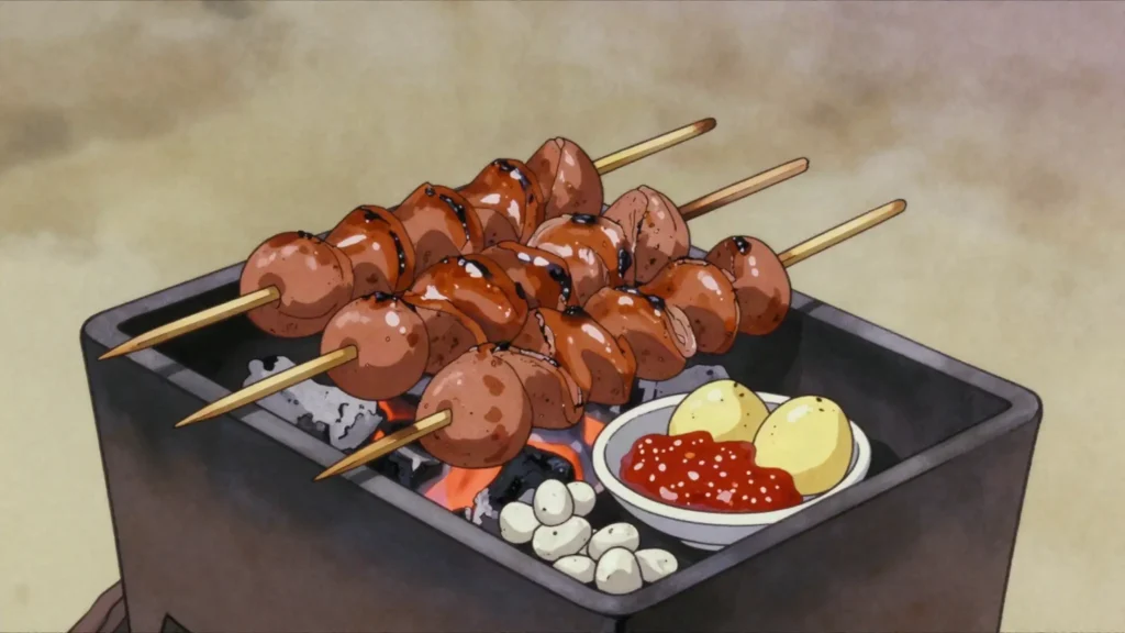 Tripa mishqui, grilled cow intestine on skewers, served with hominy and potato, Ecuador street food, anime style