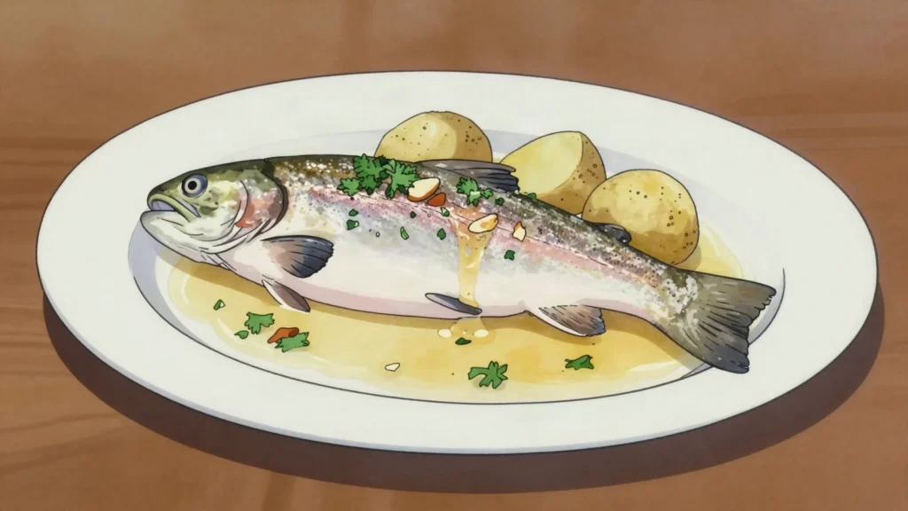 Trout in Riesling sauce, moselle trout poached in creamy Riesling sauce, Luxembourg main, anime style