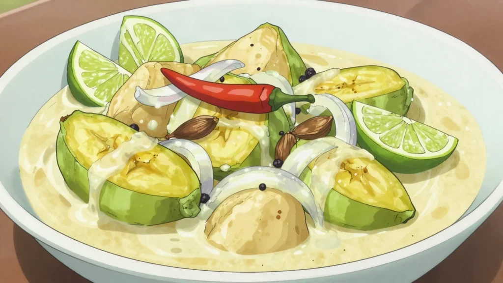 Trovi ya nadzi, green bananas simmered in thick coconut milk until they collapse, Comoros main, anime style