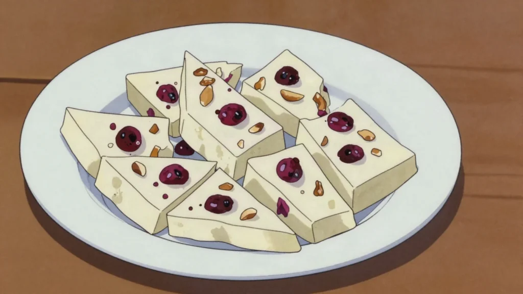 Tsagaan Tos, white butter whipped with flour, sugar and berries; sliced as a sweet, Mongolia cheese & dairy, anime style