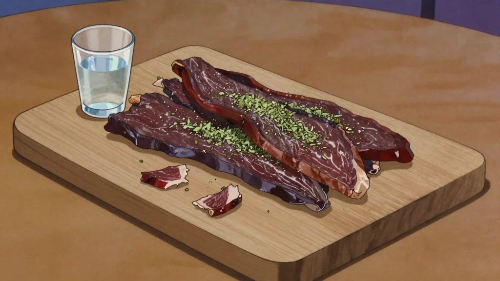 Tsamarella, goat meat heavily salted, sun-dried and rubbed with oregano, Cyprus charcuterie & cured, anime style
