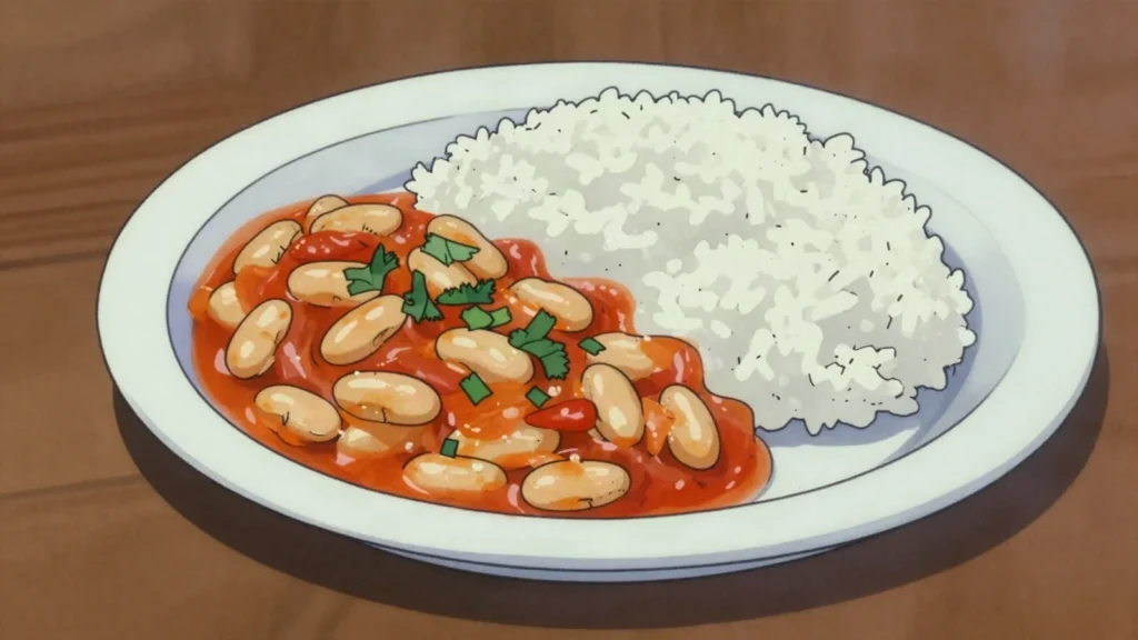 Tsaramaso, white beans stewed with tomato and ginger over rice, Madagascar salad & side, anime style