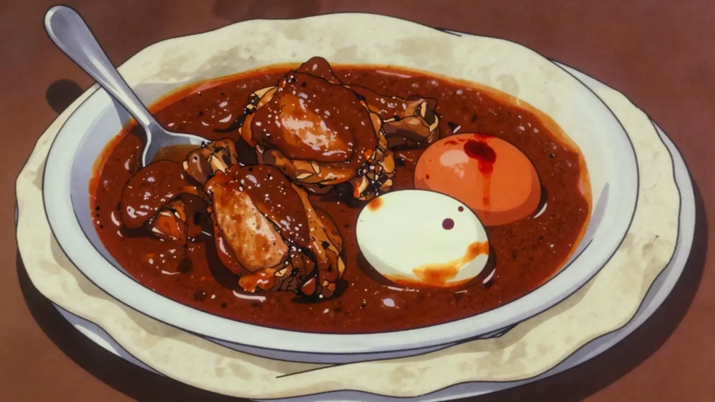 Tsebhi dorho, spicy chicken stew with boiled eggs, the festive centerpiece, Eritrea soup & stew, anime style