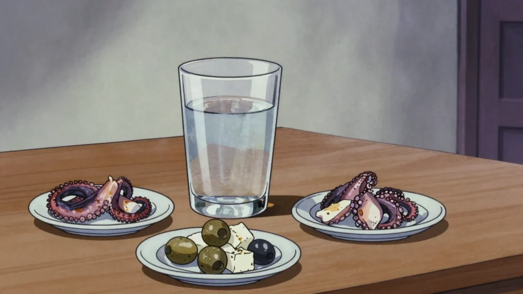 Tsipouro, clear pomace spirit drunk with small plates of meze, Greece wine & spirit, anime style