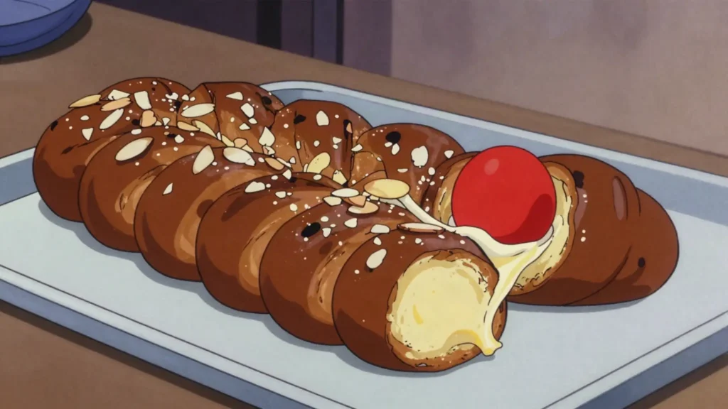 Tsoureki, braided sweet bread scented with mahlepi and mastic, often with a red egg, Greece bread & pastry, anime style