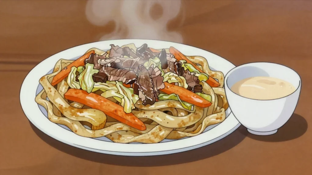 Tsuivan, steam-fried hand-cut noodles tossed with mutton, carrot and cabbage, Mongolia main, anime style