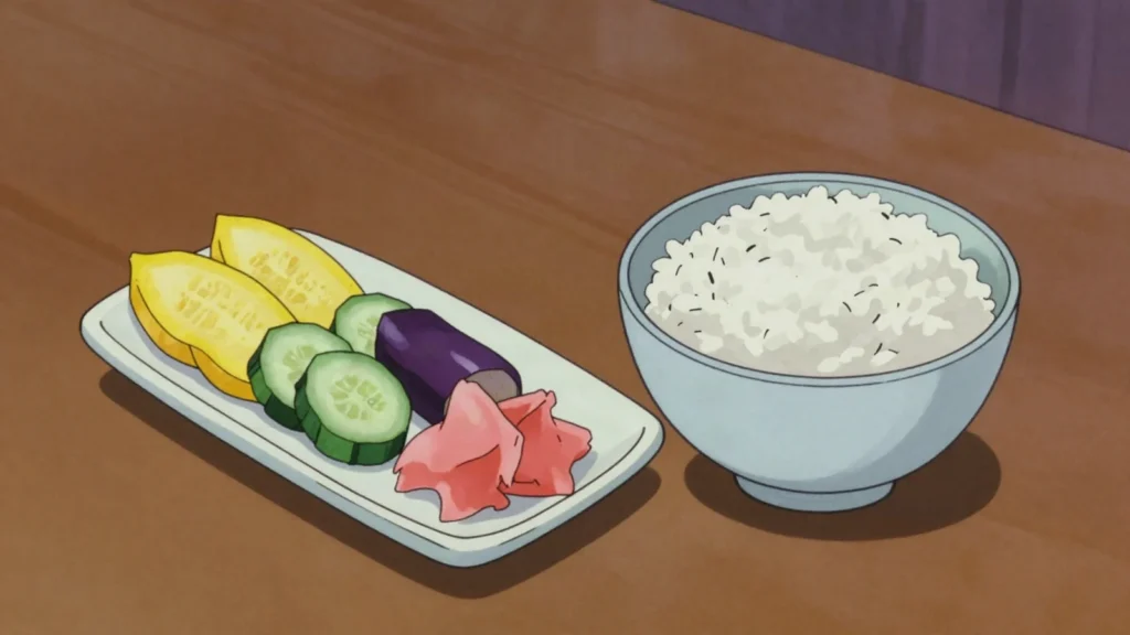 Tsukemono, rice-bran or salt pickles of daikon, cucumber and eggplant served with, Japan fermented & pickled, anime style