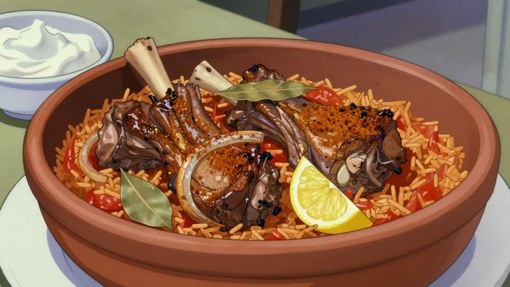 Ttavas, lamb, rice, tomato and cumin baked slowly in a clay pot, Cyprus main, anime style