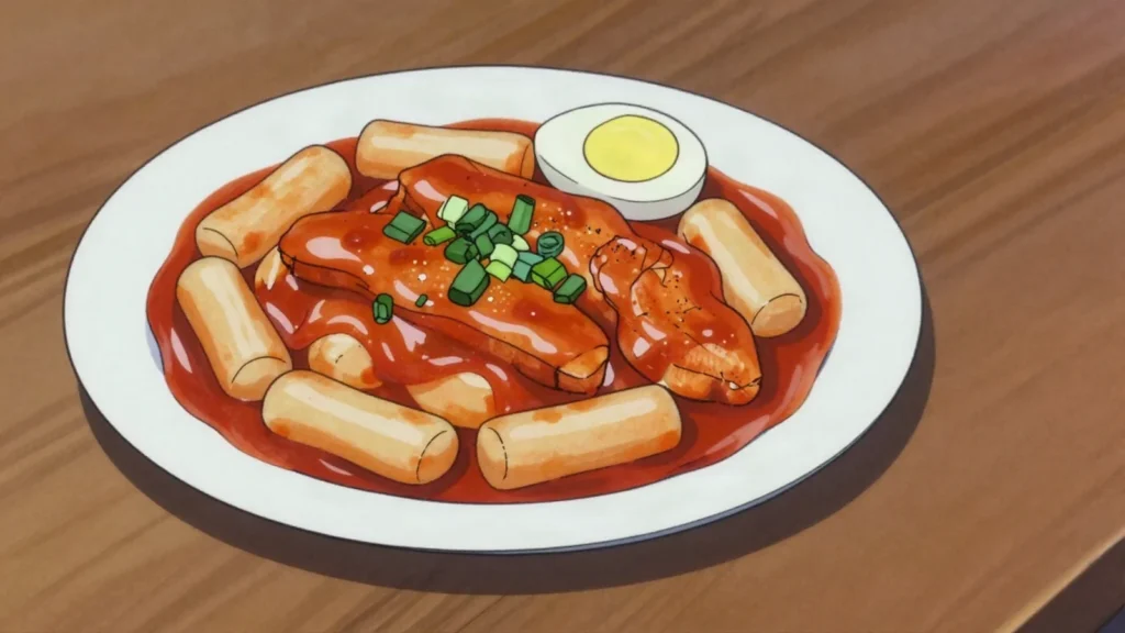 Tteokbokki, chewy rice cakes simmered in sweet-spicy gochujang sauce with fish cakes, South Korea street food, anime style