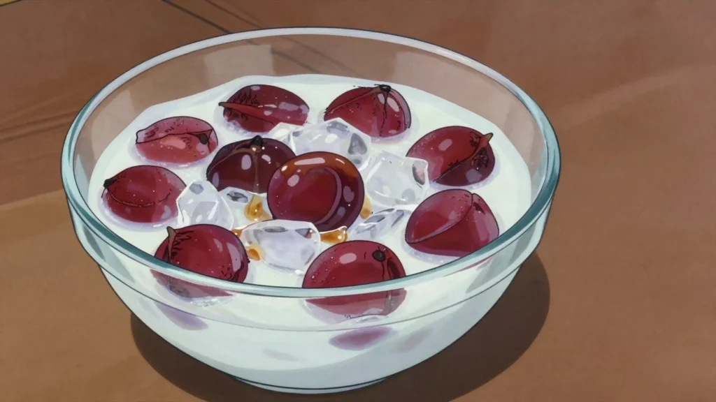 Tub Tim Krob, 'Crispy rubies' of water chestnut in coconut milk and ice, Thailand dessert, anime style