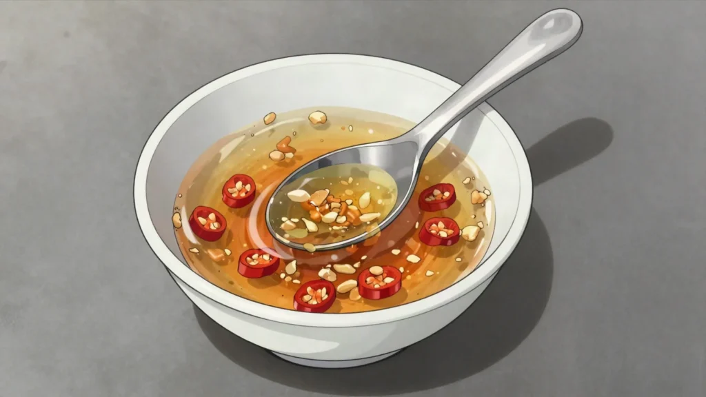 Tuk Trey, fish sauce loosened with lime, sugar, garlic, chilli and crushed peanuts, Cambodia sauce & condiment, anime style