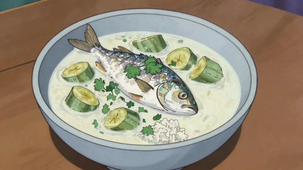 Tulemasi, fish and plantain simmered in coconut milk, eaten with rice, Panama soup & stew, anime style