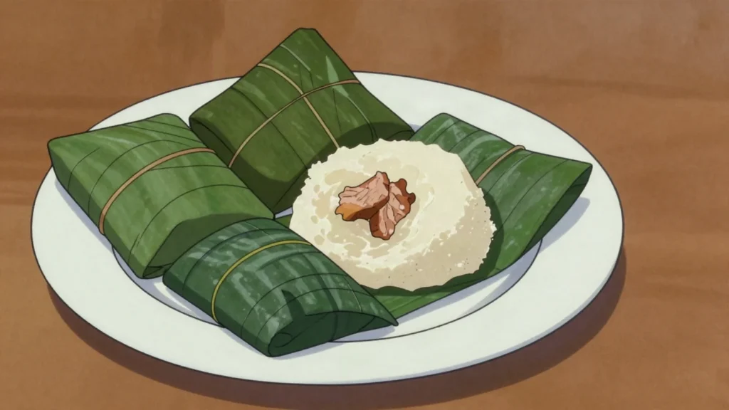 Tuluk, boiled cassava roll with a seasoned pork center, wrapped in leaves, Vanuatu street food, anime style