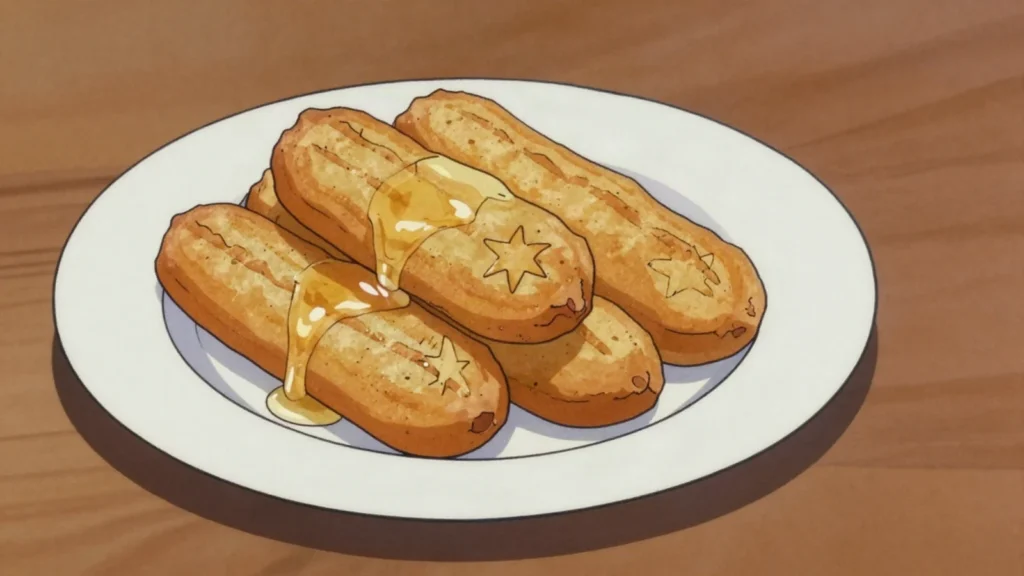 Tulumbi, grooved fried batter pieces steeped in syrup, eaten cold, North Macedonia dessert, anime style