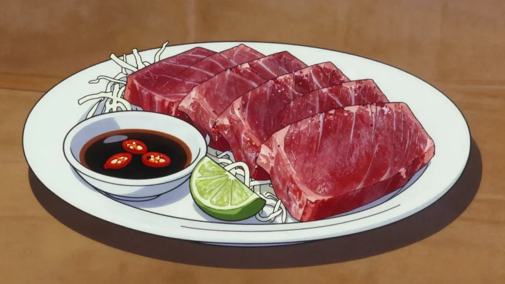 Tuna Sashimi, abundant fresh raw tuna eaten with soy, lime or chili, Micronesia main, anime style