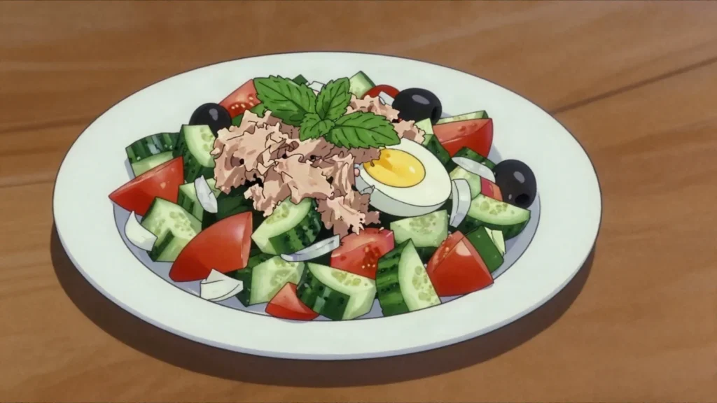 Tunisian salad, diced cucumber, tomato, onion and apple with tuna and mint, Tunisia salad & side, anime style