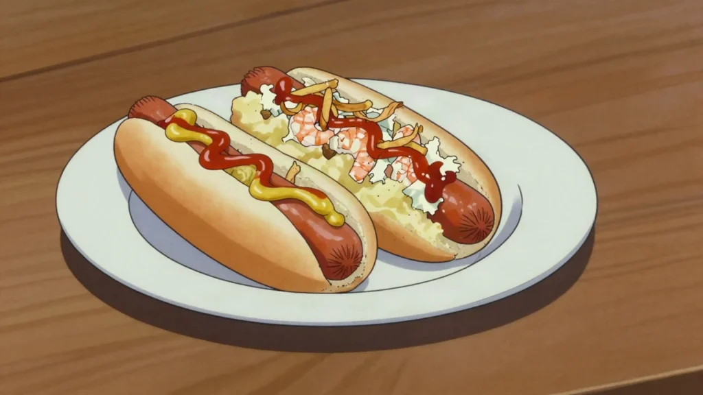 Tunnbrödsrulle, flatbread roll of hot dog, mashed potato, shrimp salad, Sweden street food, anime style