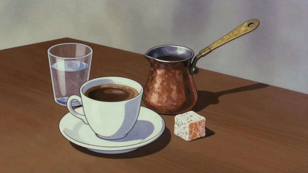 Turkish coffee, finely ground coffee simmered in cezve, served with grounds; UNESCO-listed, Turkey drink, anime style