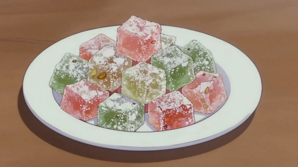 Turkish delight, chewy rosewater or pistachio cubes dusted with powdered sugar, Turkey dessert, anime style