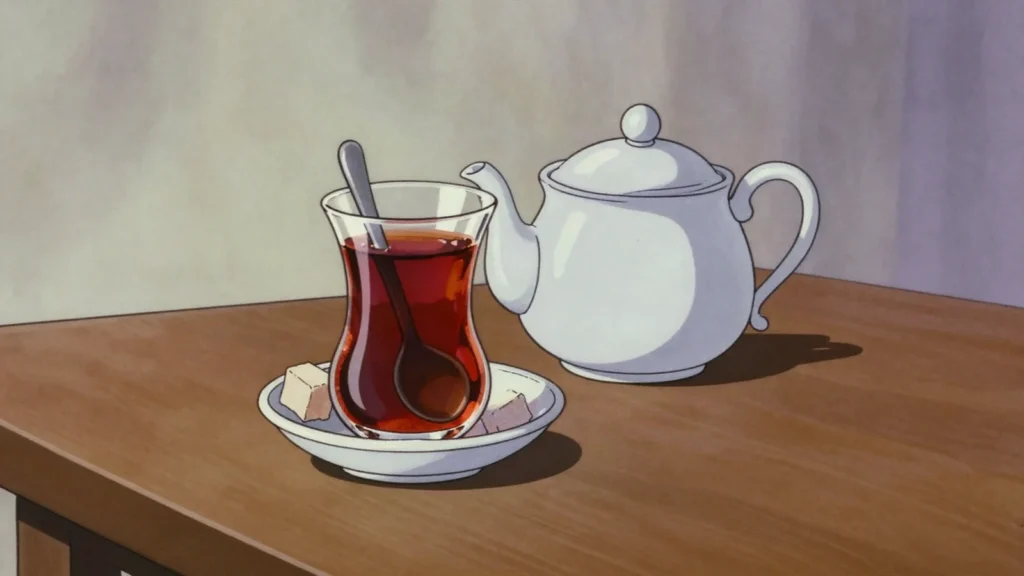 Turkish tea, strong black tea brewed double-decker, served endlessly in tulip glasses, Turkey drink, anime style
