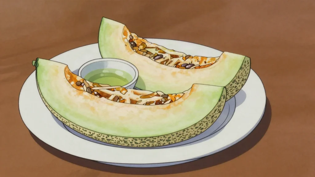 Turkmen melon, intensely sweet Vaharman and Gulaby melons eaten fresh or dried, Turkmenistan snack, anime style