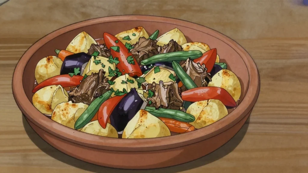 Turli tava, mixed meat and vegetable casserole baked slowly, North Macedonia main, anime style