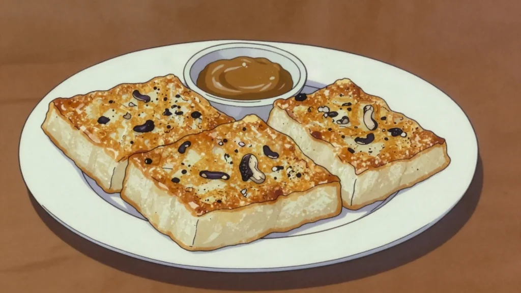 Turnip Cake, steamed daikon and rice-flour cake, pan-fried in slices with soy paste, Taiwan street food, anime style