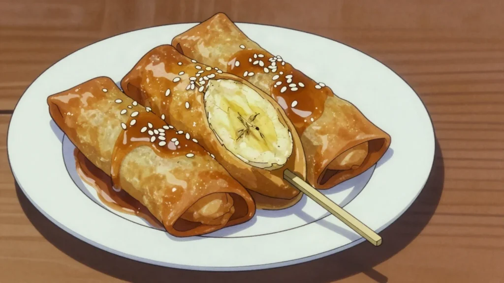 Turon, caramelized banana and jackfruit rolls in crisp wrapper, Philippines street food, anime style