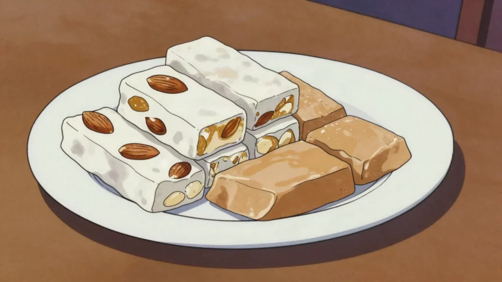 Turrón, almond and honey nougat eaten at Christmas, Spain dessert, anime style