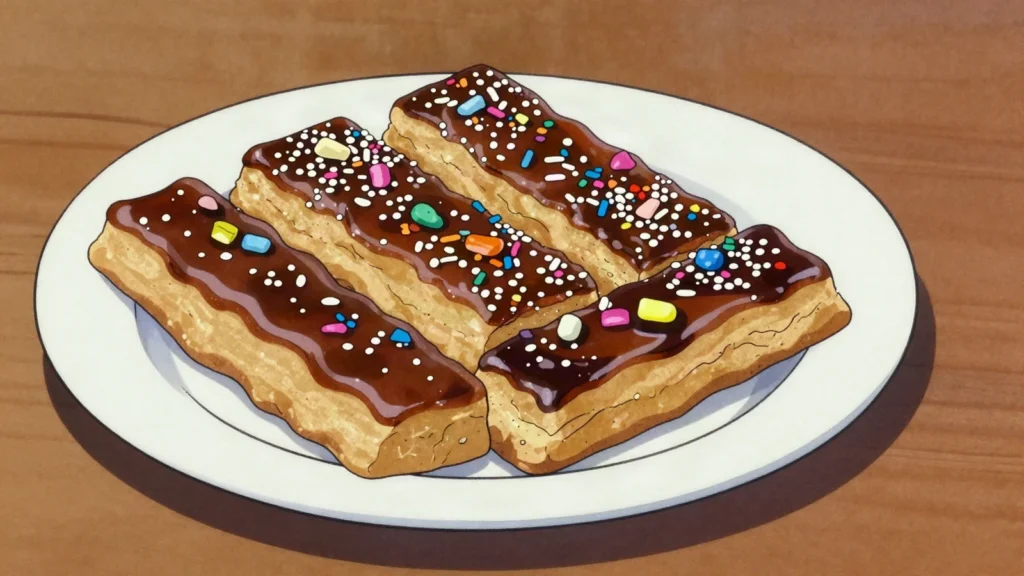 Turrón de Doña Pepa, anise shortbread bars glazed with fruit syrup, October procession sweet, Peru dessert, anime style