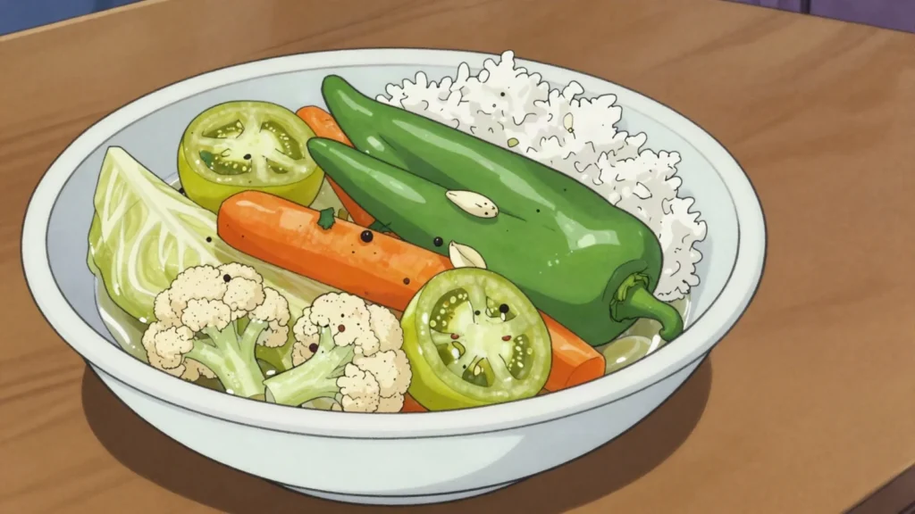 Turshi, vegetables soured in vinegar and salt, served alongside rice and kebab, Afghanistan fermented & pickled, anime style