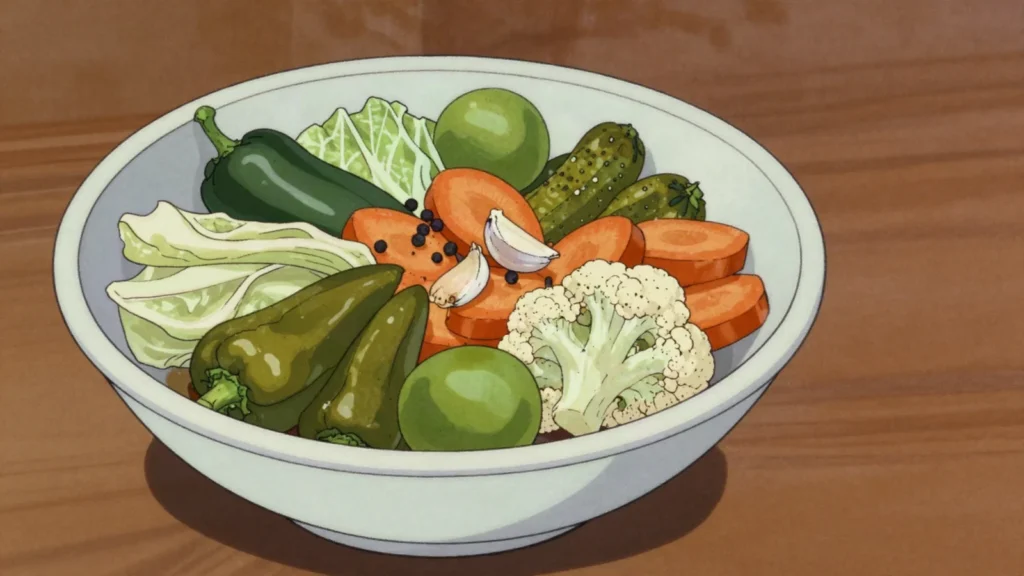 Turshija, peppers, cabbage and gherkins soured in barrels for winter, North Macedonia fermented & pickled, anime style