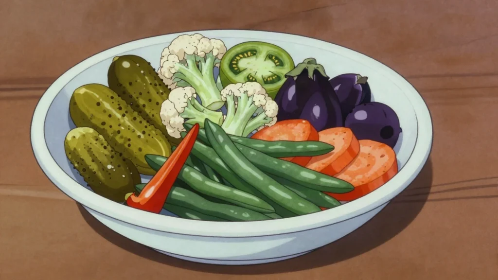Turshu, vegetables and fruit pickled in vinegar and set out beside pilaf, Azerbaijan fermented & pickled, anime style