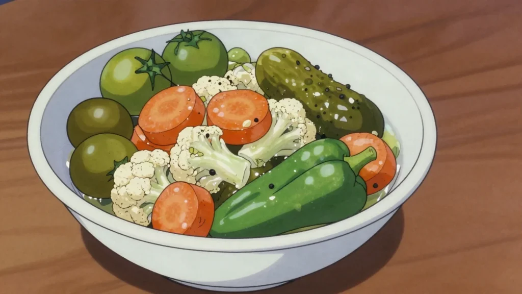 Turšija, mixed winter vegetables soured in brine and packed into, Bosnia and Herzegovina fermented & pickled, anime style