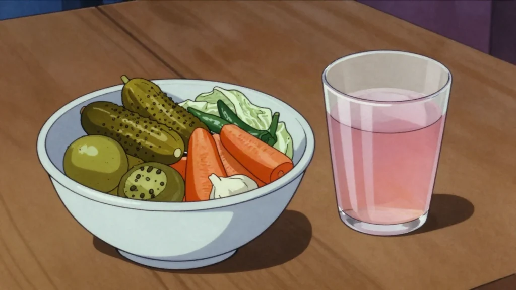 Tursu, vegetables brined with garlic and vinegar; the sour juice drunk from glasses, Turkey fermented & pickled, anime style
