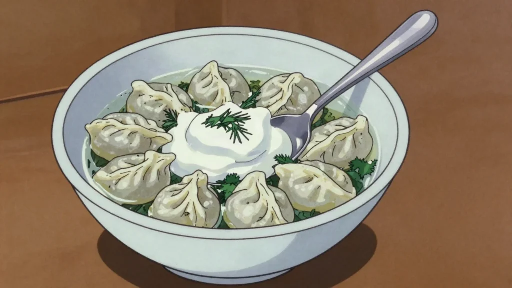 Tushbera, small meat dumplings in broth, the Tajik pelmeni, Tajikistan soup & stew, anime style