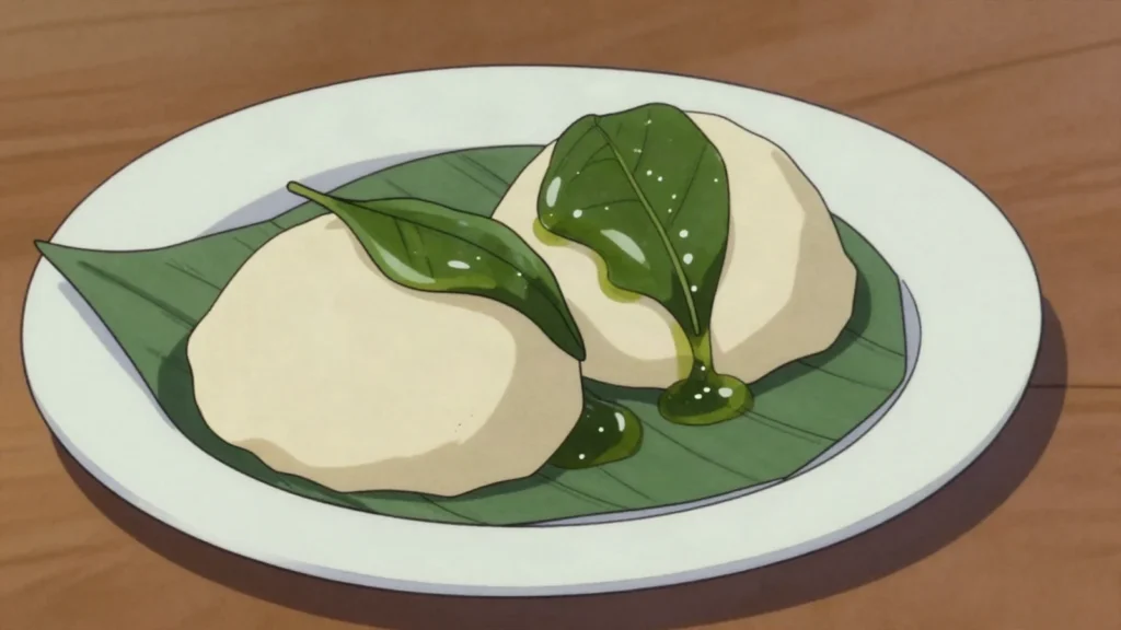 Tuwo, millet paste with baobab-leaf or okra sauce; the daily staple, Niger main, anime style