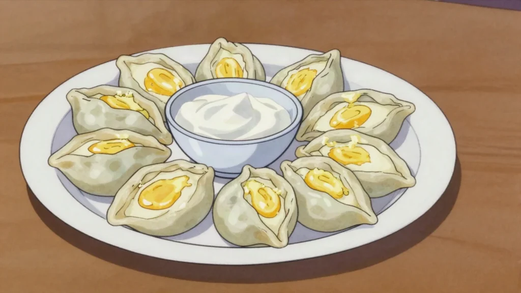 Tuxum barak, boiled dough parcels filled with beaten egg and butter, Uzbekistan main, anime style