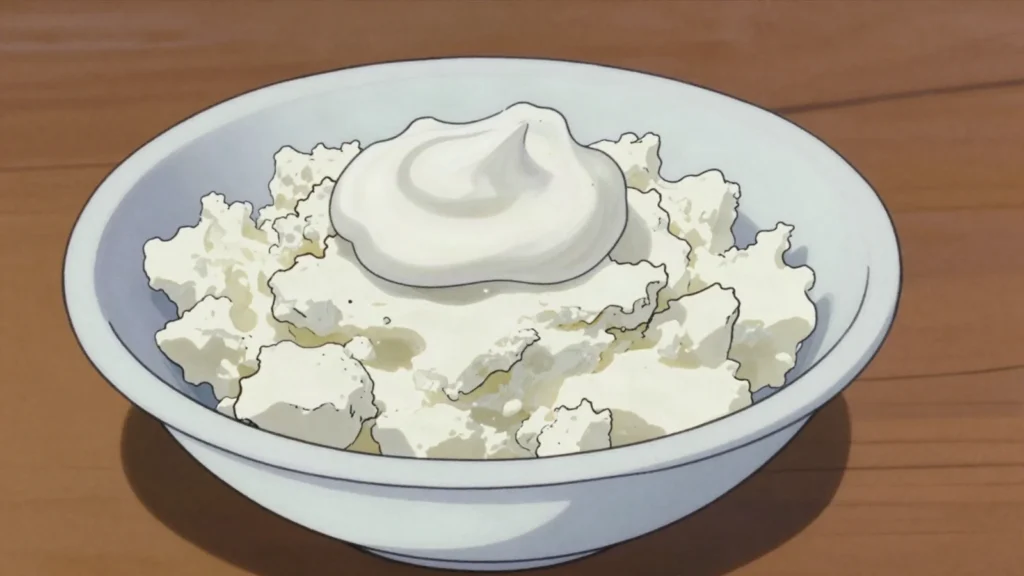 Tvarog, fresh curd cheese eaten with sour cream or baked into pancakes, Belarus cheese & dairy, anime style
