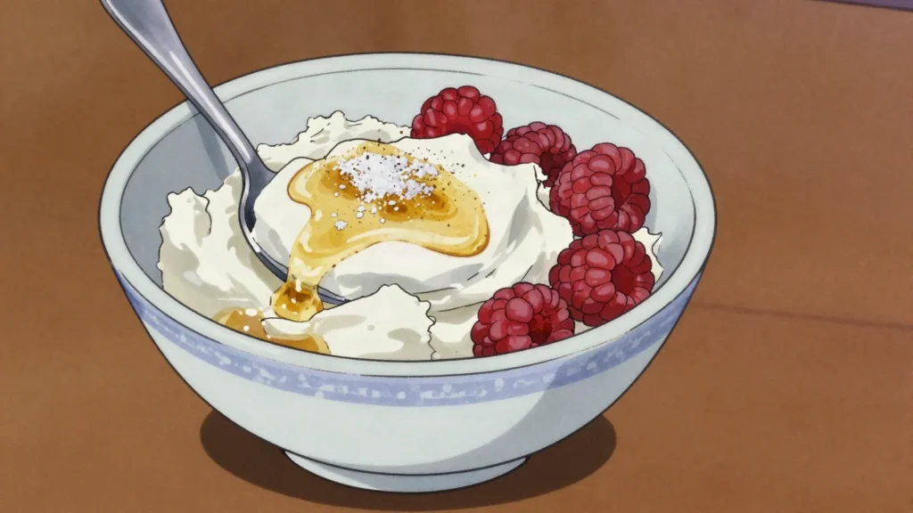 Tvorog, fresh curd cheese eaten with sour cream or baked into syrniki, Russia cheese & dairy, anime style