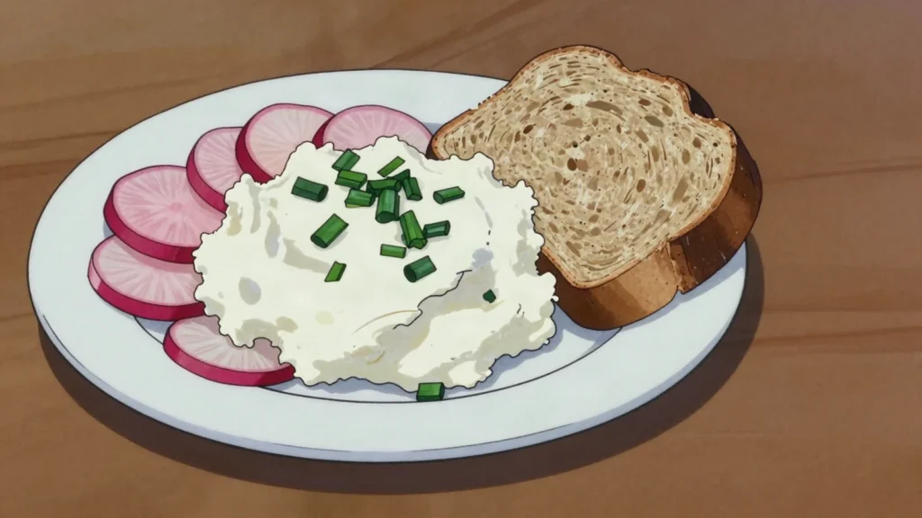 Twaróg, fresh white curd cheese eaten with radish and chives or baked into cheesecake, Poland cheese & dairy, anime style