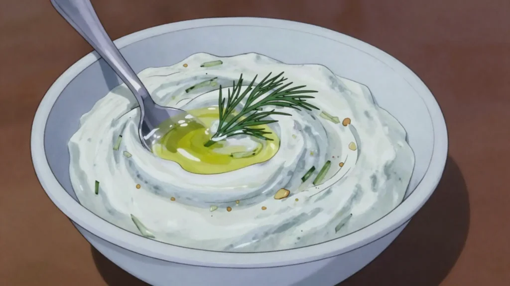 Tzatziki, strained yogurt, cucumber and garlic dip, Greece sauce & condiment, anime style